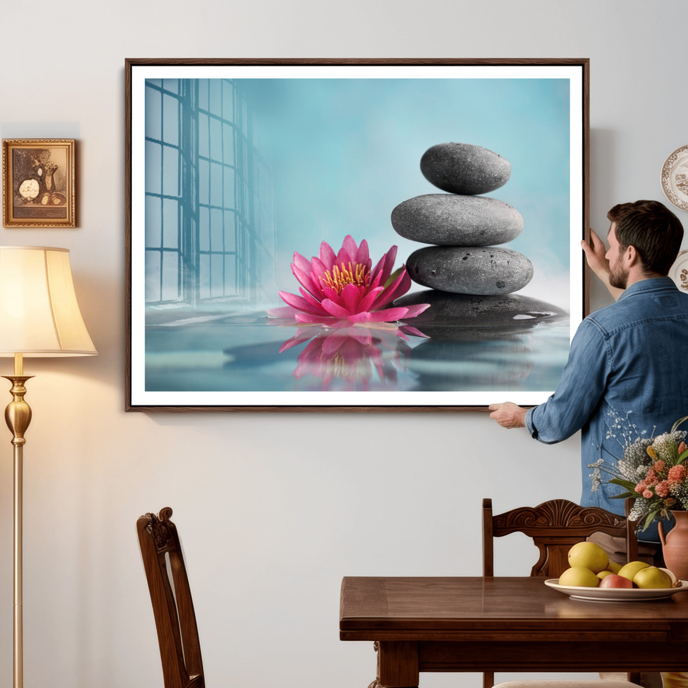 84293154-MGV-CV-36X24 - Zen Canvas Wall Art Lotus Flower Stacked Stones Teal Spa Meditation Relaxation Framed Large for Bathroom Bedroom Living Room Office Decor
