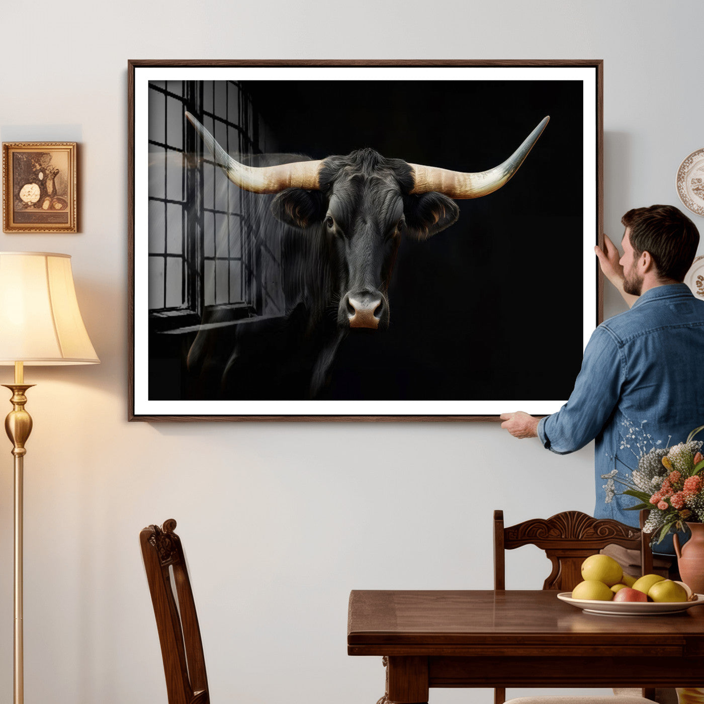 63798-MGV-CV-36X24 - Texas Longhorn Cow | Majestic Black Bull Wall Art Canvas Print - Farmhouse Animal Decor - Ready to