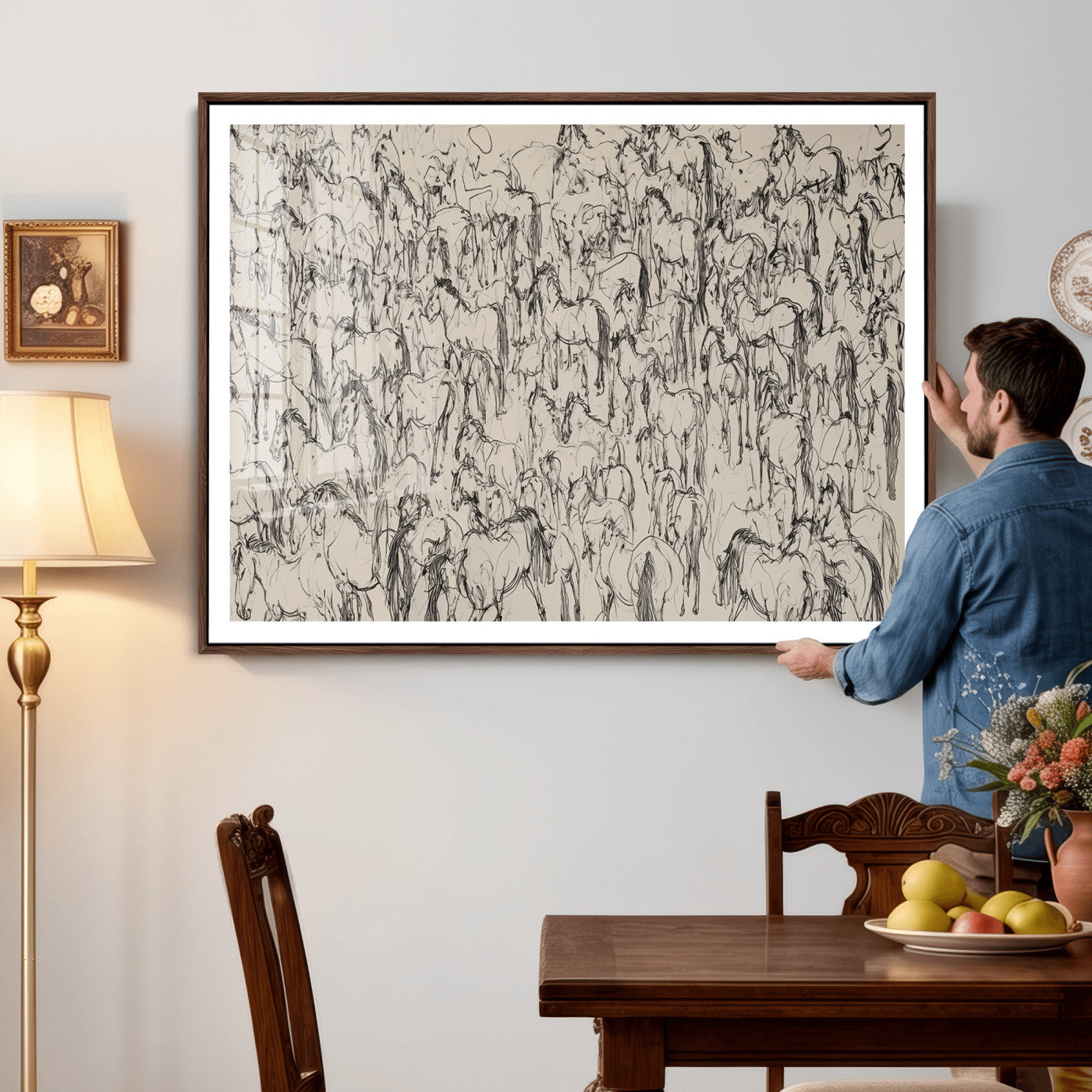 25718-MGV-CV-36X24 - Abstract Horse Sketch Wall Art | Ready to Hang and Framed | Farmhouse Wall Decor for Barn Wall