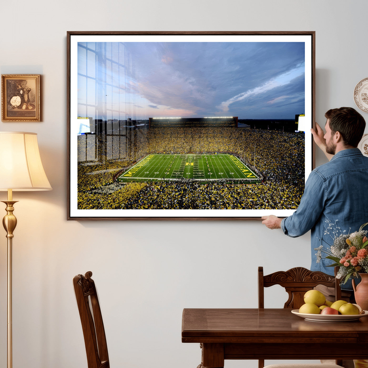 82641-MGV-CV-36X24 - Michigan Stadium Wall Art Canvas Print, Vibrant Game Day Crowd and Sunset Sky Football Field Artwork for Home, Office