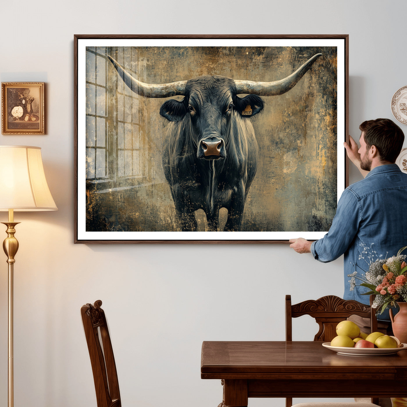 57385-MGV-CV-36X24 - Longhorn Bull Wall Art Canvas Print, Framed Rustic Cow Art Picture Print, Texas Longhorn Perfect Western Decor Artwork