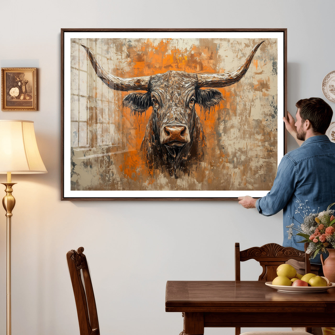 49976-MGV-CV-36X24 - Abstract Cow Longhorn Bull Wall Art Canvas Print - Rustic Texas Western Cattle Artwork