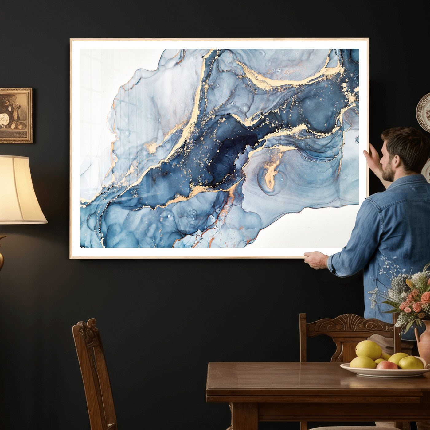 33782-MGV-CV-36X24 - Abstract Art Print - Blue Abstract Canvas Wall Art Print Abstract Art Fluid Effect Marble Wall Art