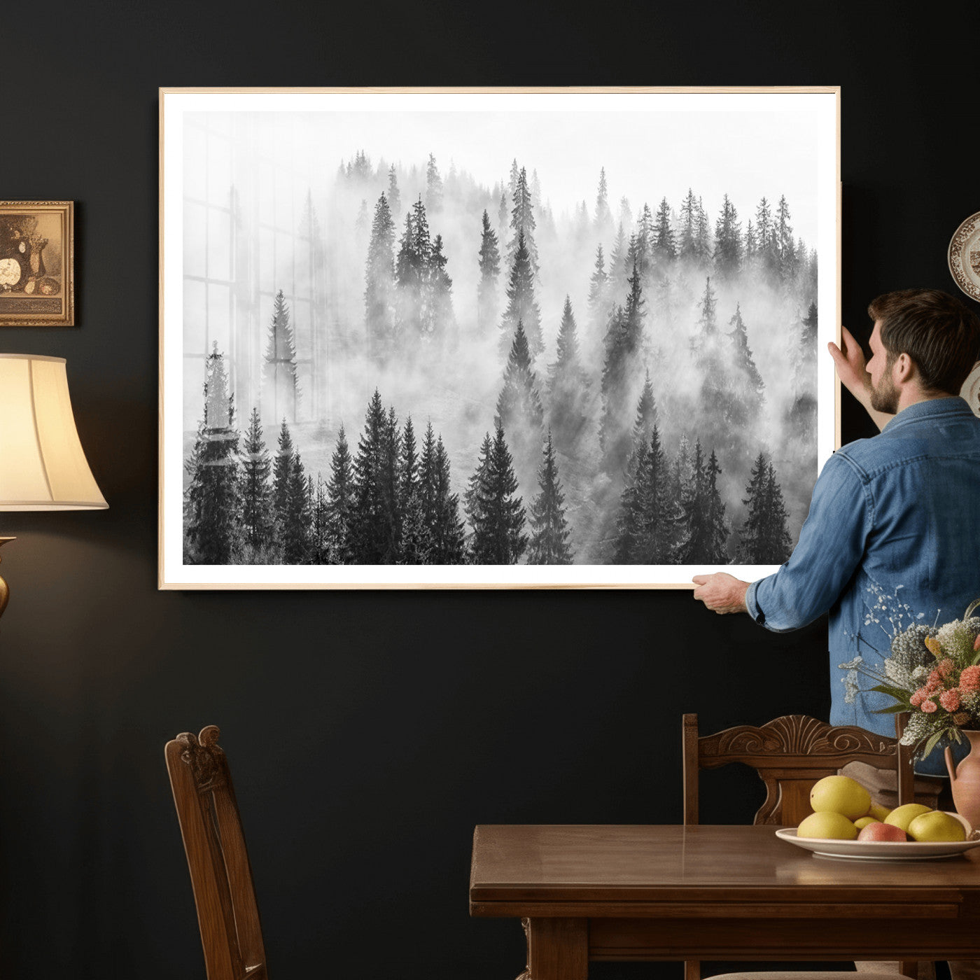 10422-MGV-CV-36X24 - Forest Wall Art Print | Foggy Pine Forest Canvas Wall Art - Black and White Nature Decor for Living