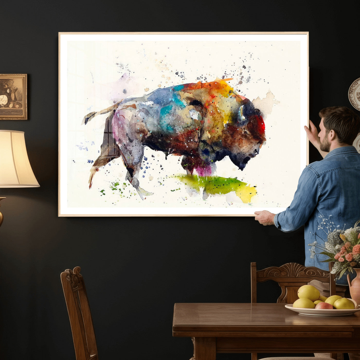 44504-MGV-CV-36X24 - Abstract Buffalo Wall Art, Western Watercolor Bison Canvas Print, Rustic Buffalo Art for Cowboy and