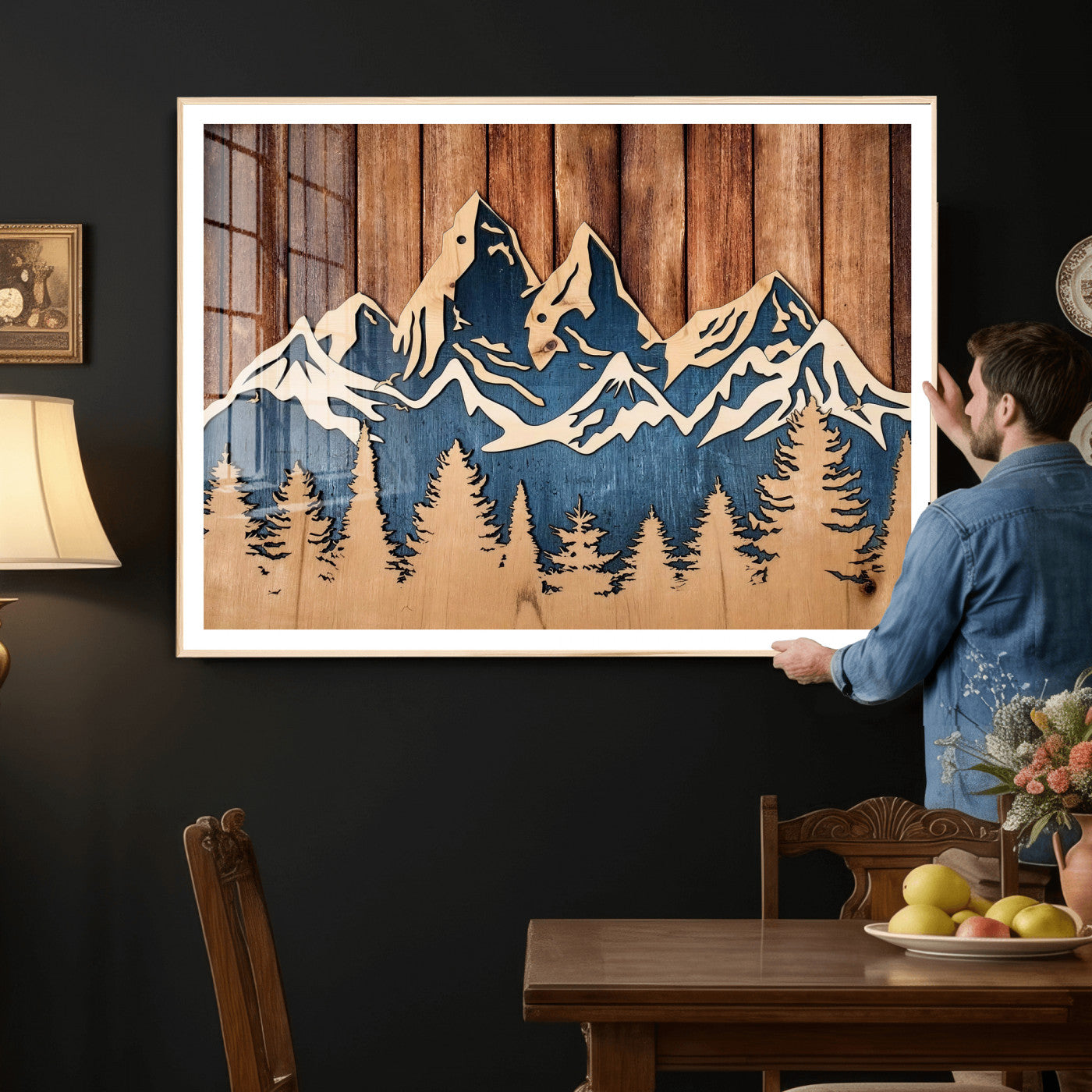 41330-MGV-CV-36X24 - Rustic Wood Style Mountain Wall Art, Nature Forest Canvas Print, Wooden Textured Mountain Artwork Print
