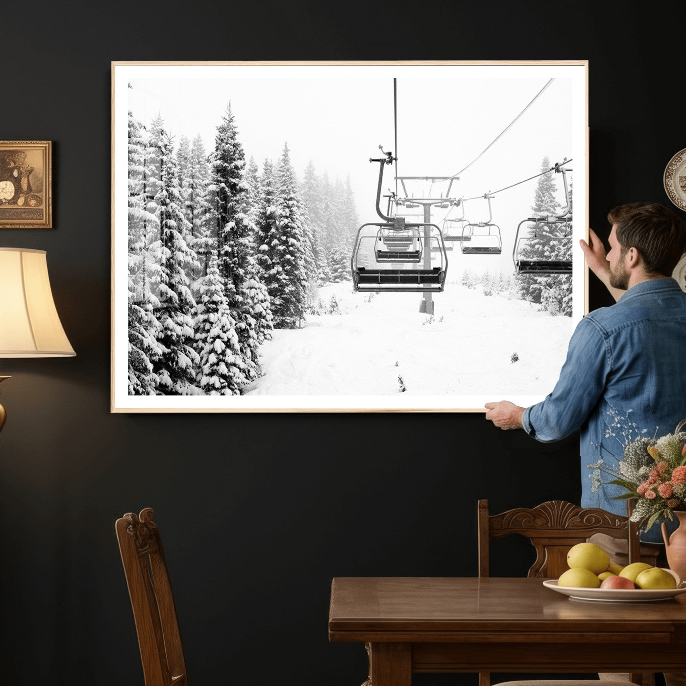 70609-MGV-CV-36X24 - Winter Forest Wall Art Canvas Print, Framed Snowy Forest Art Picture Print, Winter Ski Lift Perfect