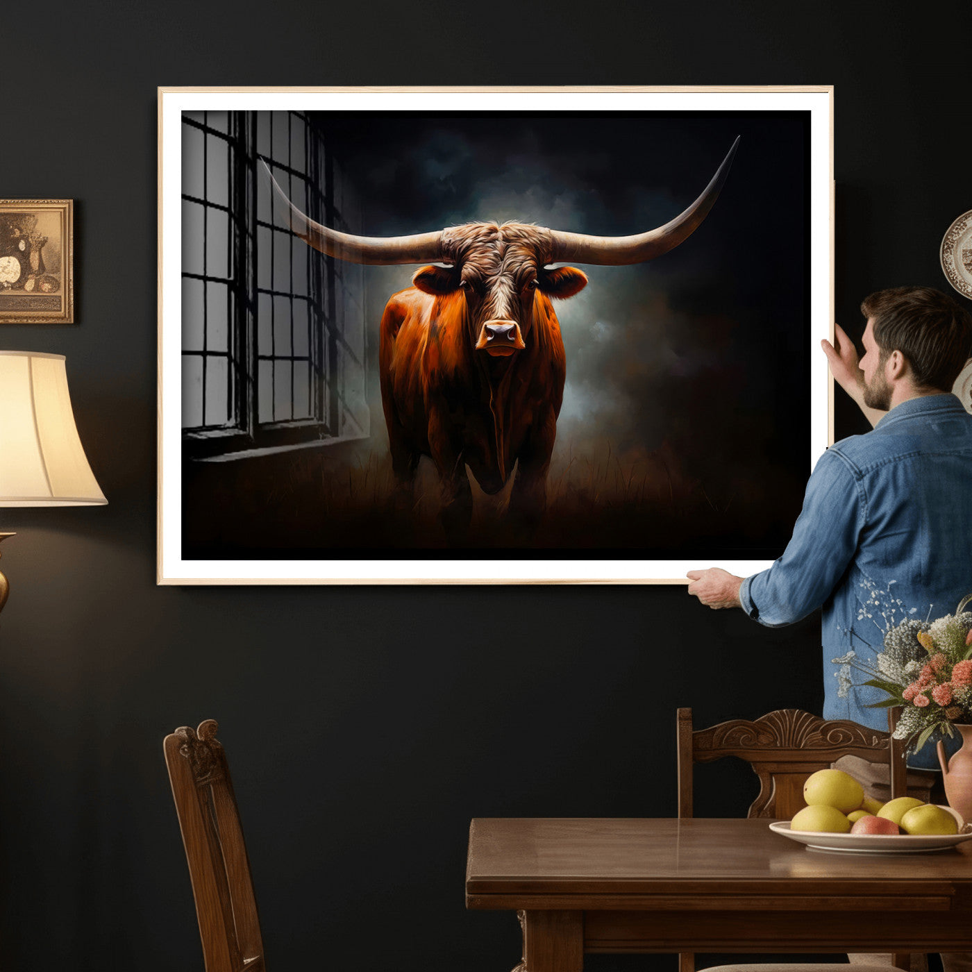 48896-MGV-CV-36X24 - Abstract Texas Longhorn Wall Art Print | 3-Panel Large Texas Longhorn Canvas Print for Living Room,