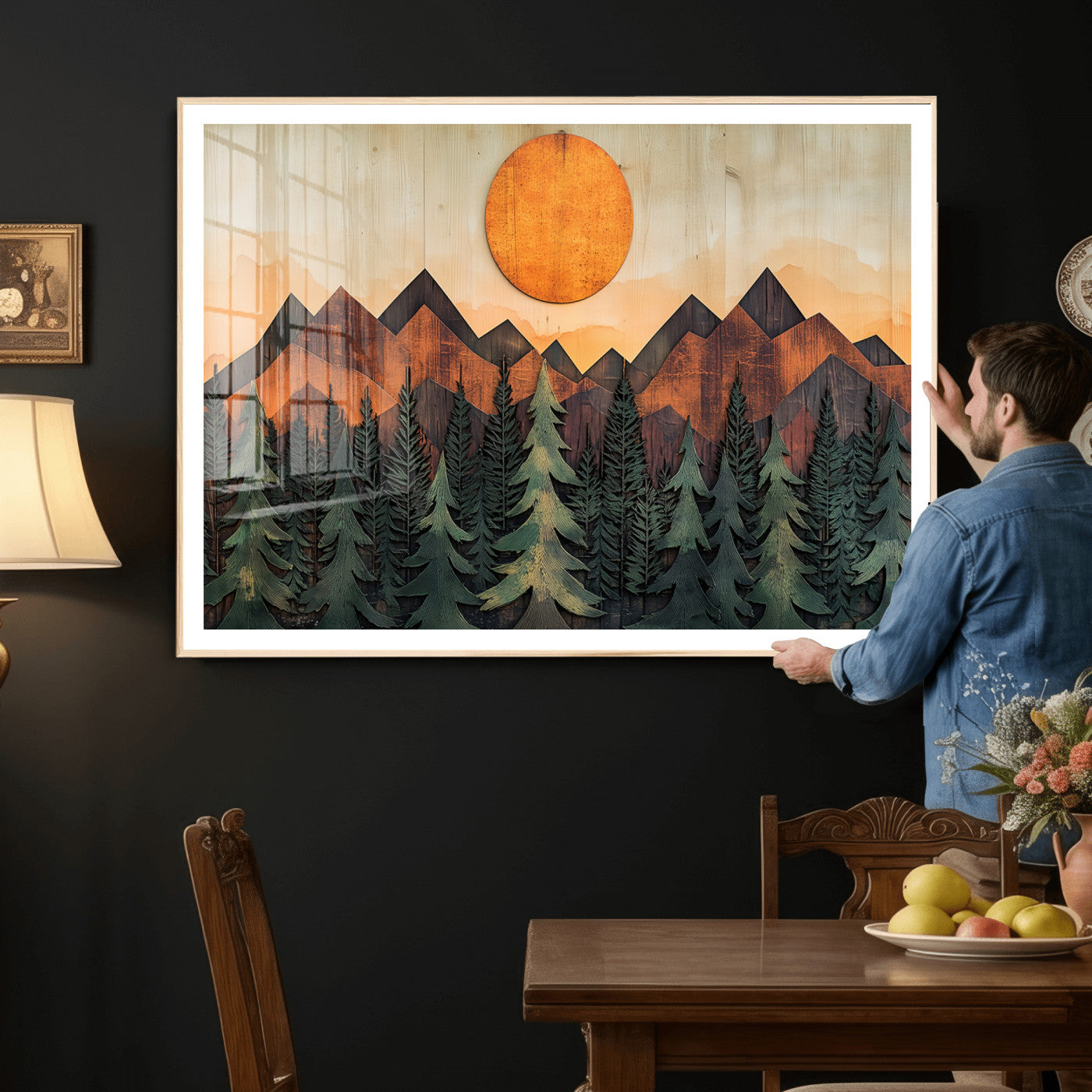 77739-MGV-CV-36X24 - Wood Style Sunset Mountain Landscape Canvas Wall Art Print - Nature Decor for Living Room, Office