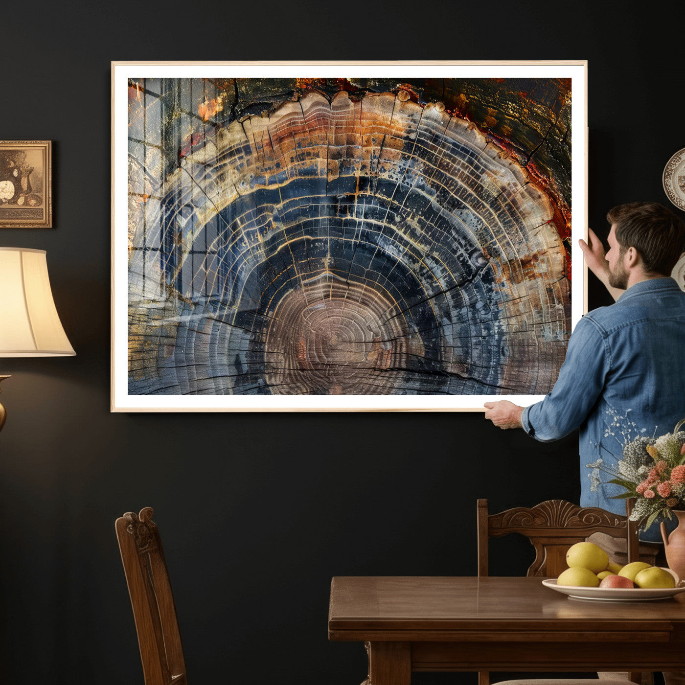 16193-MGV-CV-36X24 - Framed Wood Tree Ring Wall Art - Abstract Colorful Wood Ring Wall Decor for Minimalist Home Decor