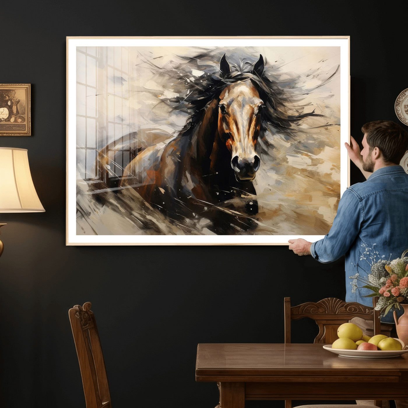 53001-MGV-CV-36X24 - Abstract Wall Art Horse Print - Large Western Horse Canvas - Farmhouse Woodland Wall Art - Framed