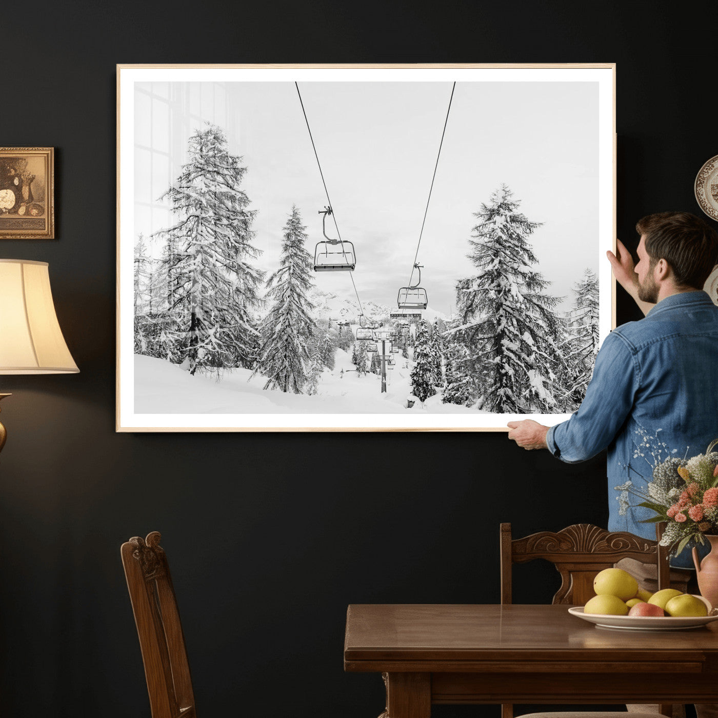 55003599-MGV-CV-36X24 - Wall Art Canvas Print Winter Chairlift Views Silent Snow-Covered Pines Mountain Calm Serenity Frozen
