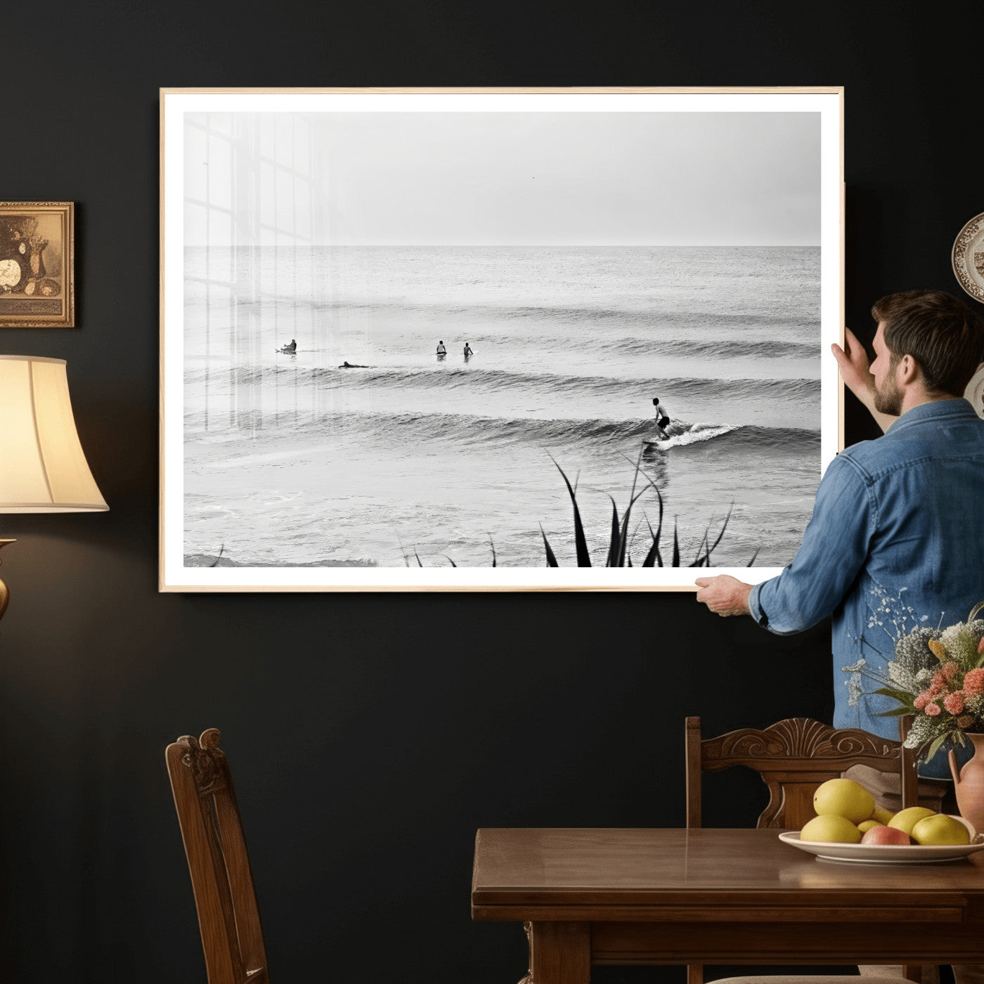 33821421-MGV-CV-36X24 - Surfer Silhouette Wall Art Canvas Print, Framed Calm Ocean Art Picture Print, Monochrome Surf Minimalist Coastal Decor Artwor