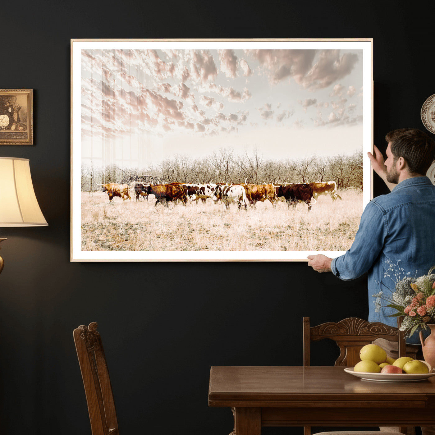 64892775-MGV-CV-36X24 - Longhorn Cattle Wall Art Canvas Print, Framed Texas Ranch Art Picture Print, Western Cow Perfect Western Decor Artwork