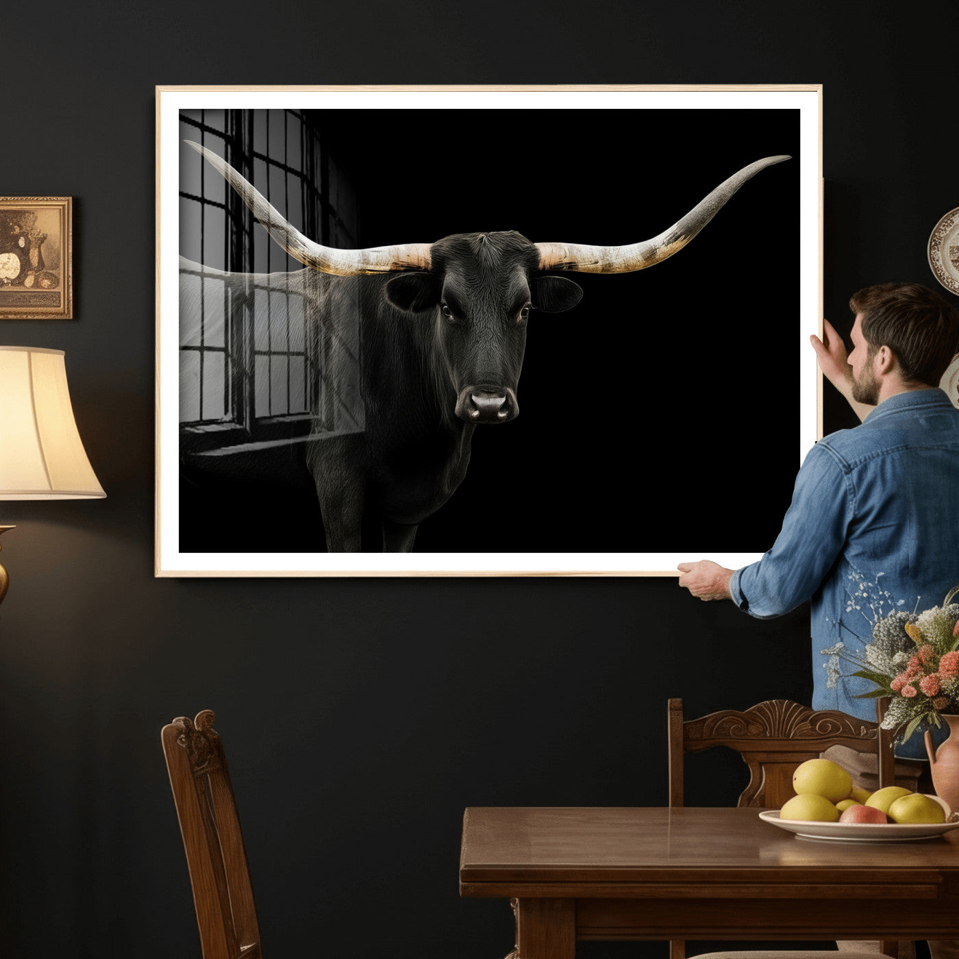 99448328-MGV-CV-36X24 - Longhorn Cattle Wall Art Canvas Print, Framed Texas Black Bull Art Picture Print, Western Cow Perfect Farmhouse Decor Artwork