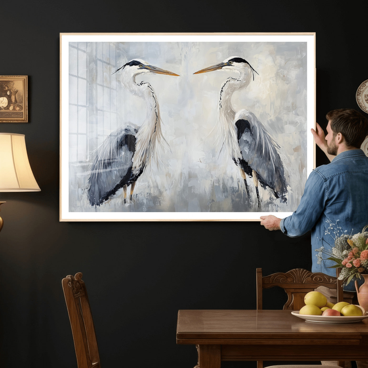 90806932-MGV-CV-36X24 - Heron Wall Art Wall Art Canvas Print, Framed Bird Canvas Decor Art Picture Print, Nature Inspired Perfect Coastal Minimalist Decor Artwork