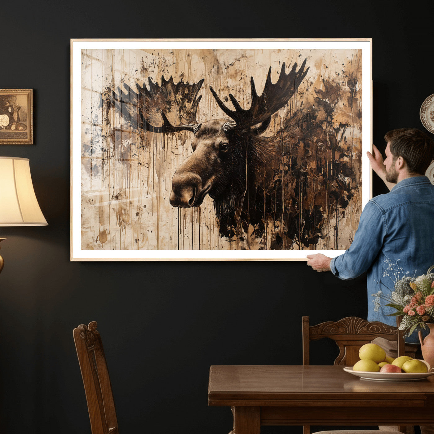 83505059-MGV-CV-36X24 - Moose Canvas Wall Art — Rustic Wildlife Painting Print | Cabin Lodge Decor | Large Animal Wall Art | Moose Gift for Him | Man Cave Art