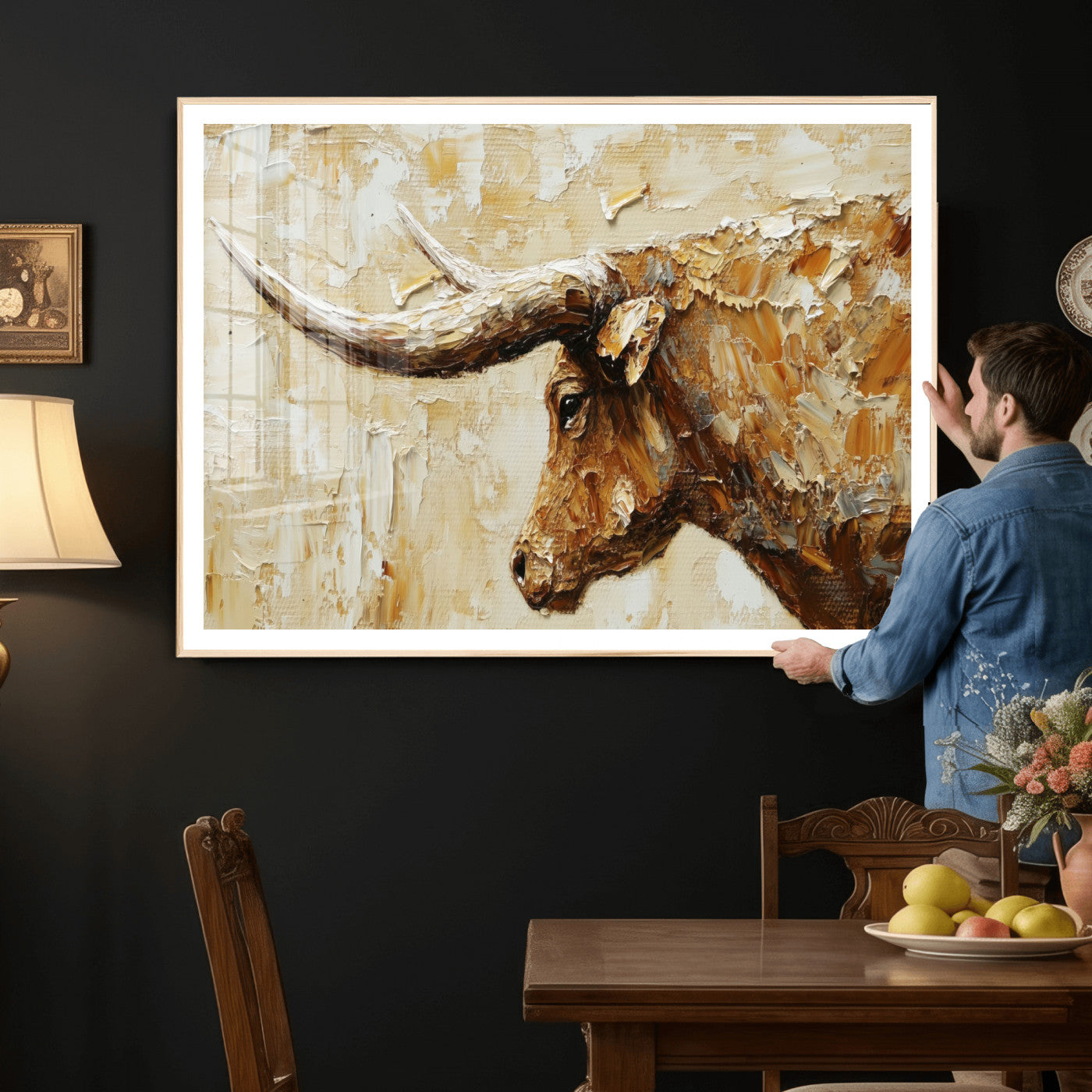 69611428-MGV-CV-36X24 - Rustic Longhorn Bull Wall Art Canvas Print – Vintage Western Cattle Painting, Texas Abstract Wall Cow Prints