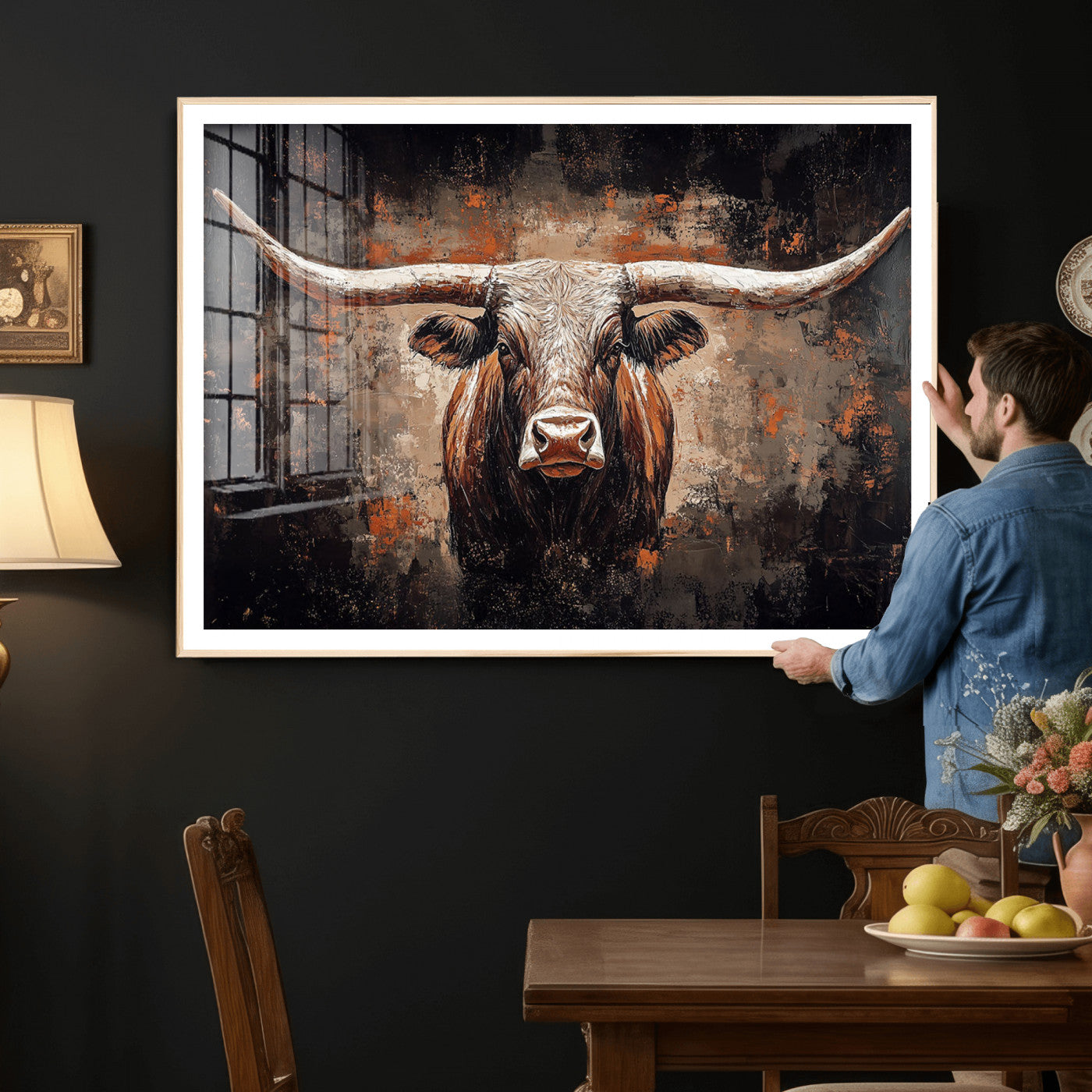 24779067-MGV-CV-36X24 - Rustic Longhorn Bull Wall Art Canvas Print – Vintage Western Cattle Painting, Texas Steer Artwork