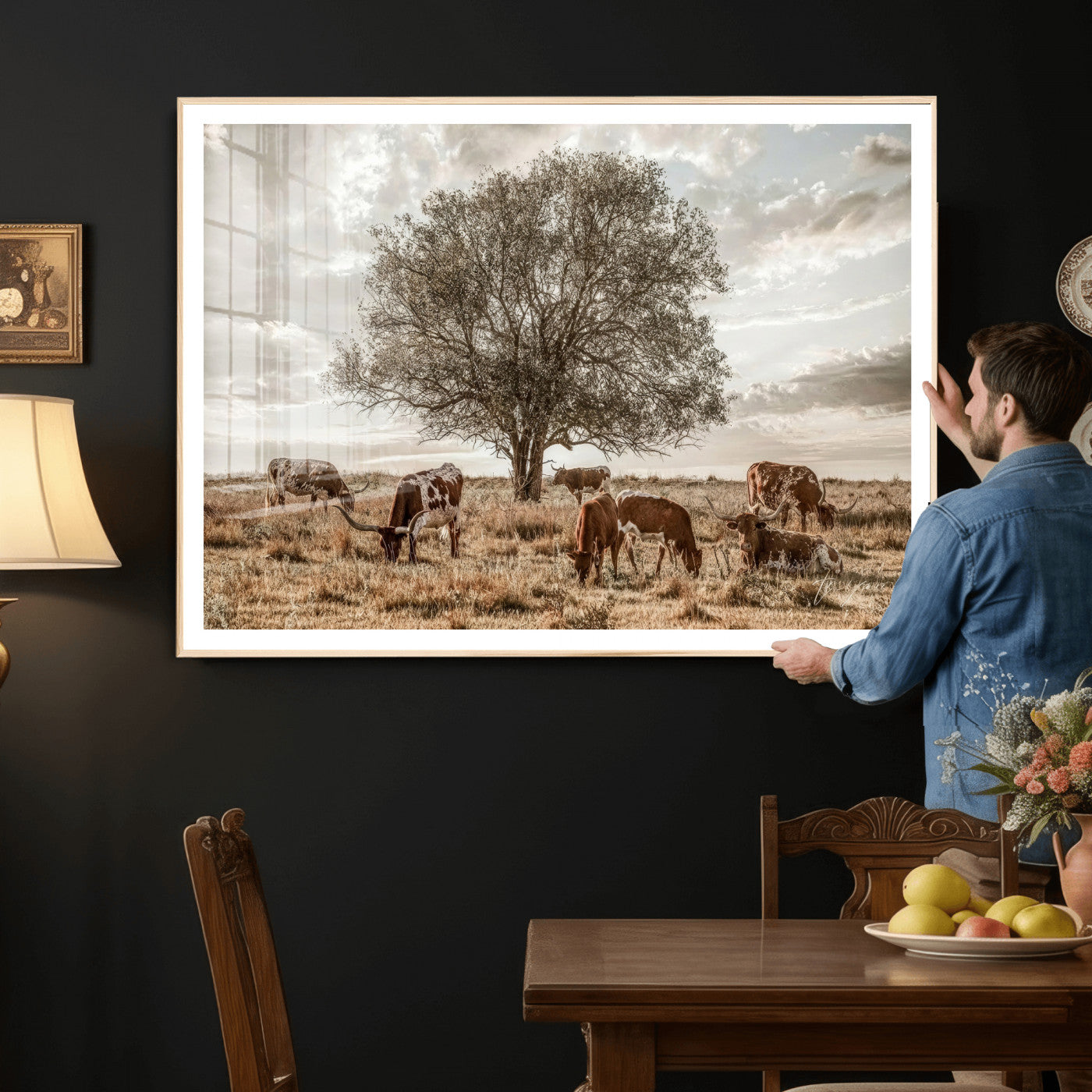 87590224-MGV-CV-36X24 - Texas Longhorn Cattle Wall Art Canvas Print – Rustic Western Ranch Scene with Steers at Sunset, Perfect for Farmhouse or Cowboy Decor