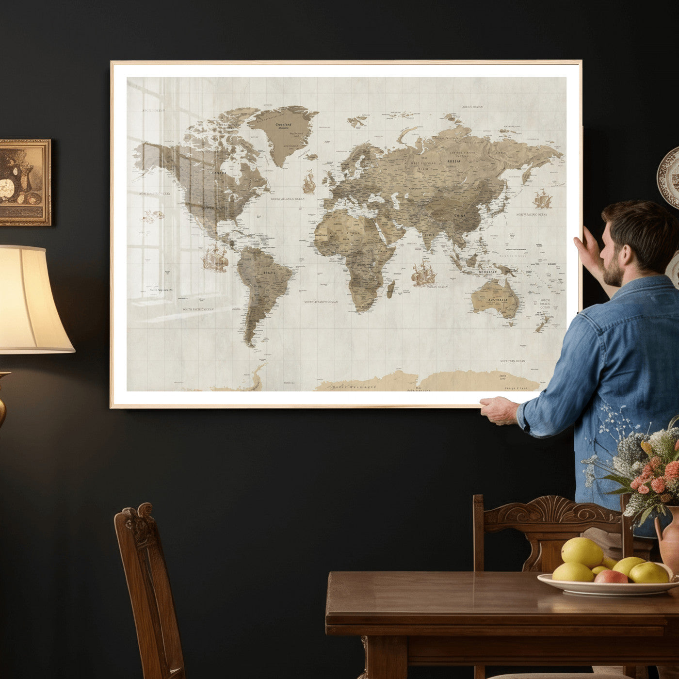 28283260-MGV-CV-36X24 - World Map Wall Art Canvas Print, Modern Decorative Framed Map Artwork Prints for Living Room, Office, Bedroom Wall Decor