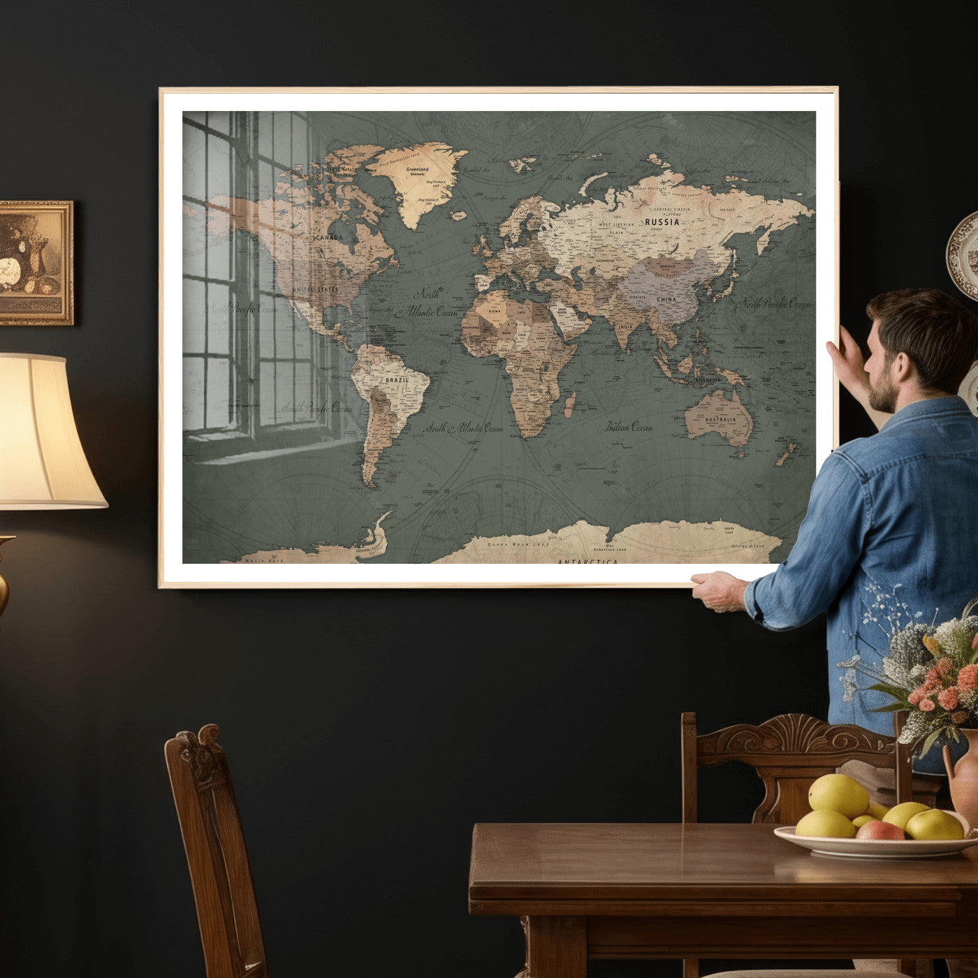 84619399-MGV-CV-36X24 - World Map Wall Art Canvas Print, Modern Decorative Framed Map Artwork Prints for Living Room, Office, Bedroom Wall Decor