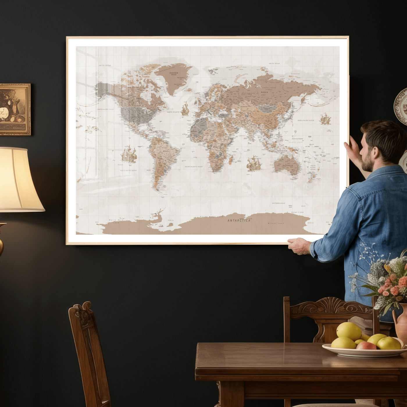 85057279-MGV-CV-36X24 - World Map Wall Art Canvas Print, Modern Decorative Framed Map Artwork Prints for Living Room, Office, Bedroom Wall Decor