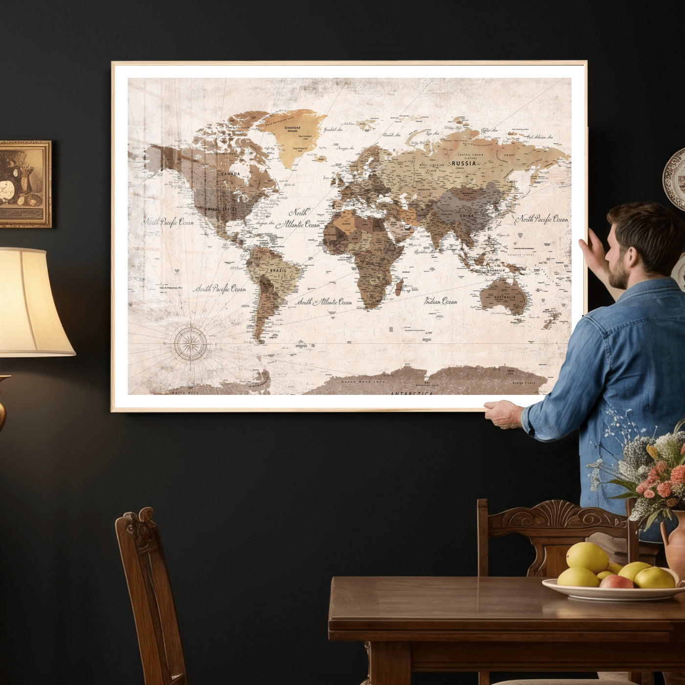 38923639-MGV-CV-36X24 - World Map Wall Art Canvas Print, Modern Decorative Framed Map Artwork Prints for Living Room, Office, Bedroom Wall Decor