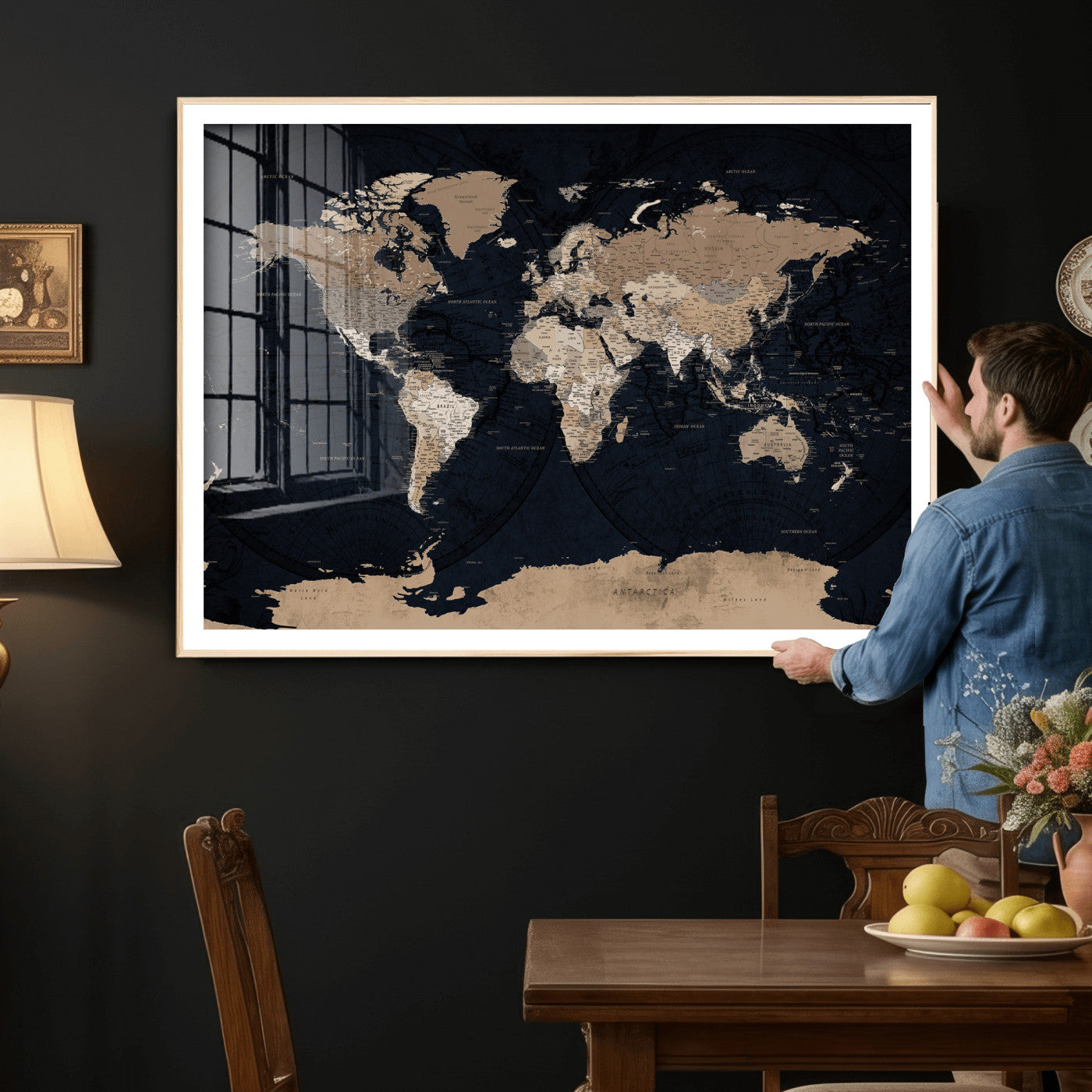 25812727-MGV-CV-36X24 - World Map Wall Art Canvas Print, Modern Decorative Framed Map Artwork Prints for Living Room, Office, Bedroom Wall Decor
