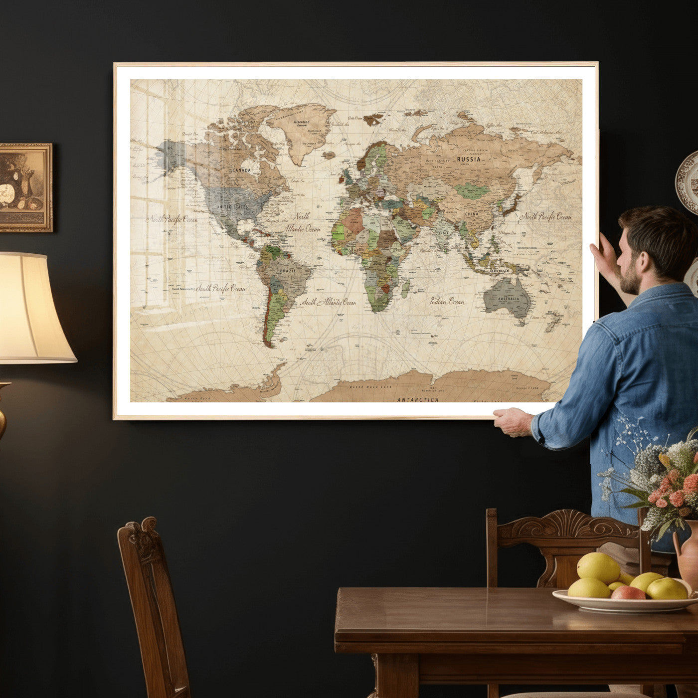 16856902-MGV-CV-36X24 - World Map Wall Art Canvas Print, Modern Decorative Framed Map Artwork Prints for Living Room, Office, Bedroom Wall Decor