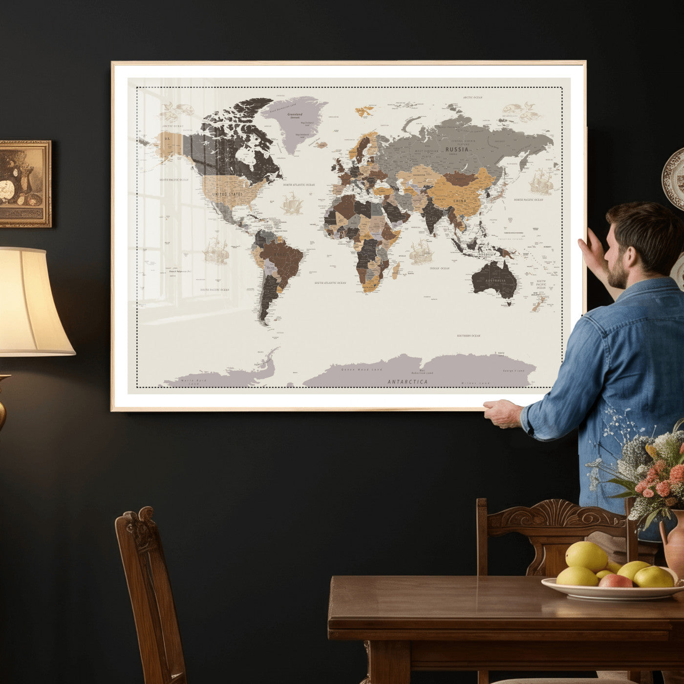 58777746-MGV-CV-36X24 - World Map Wall Art Canvas Print, Modern Decorative Framed Map Artwork Prints for Living Room, Office, Bedroom Wall Decor