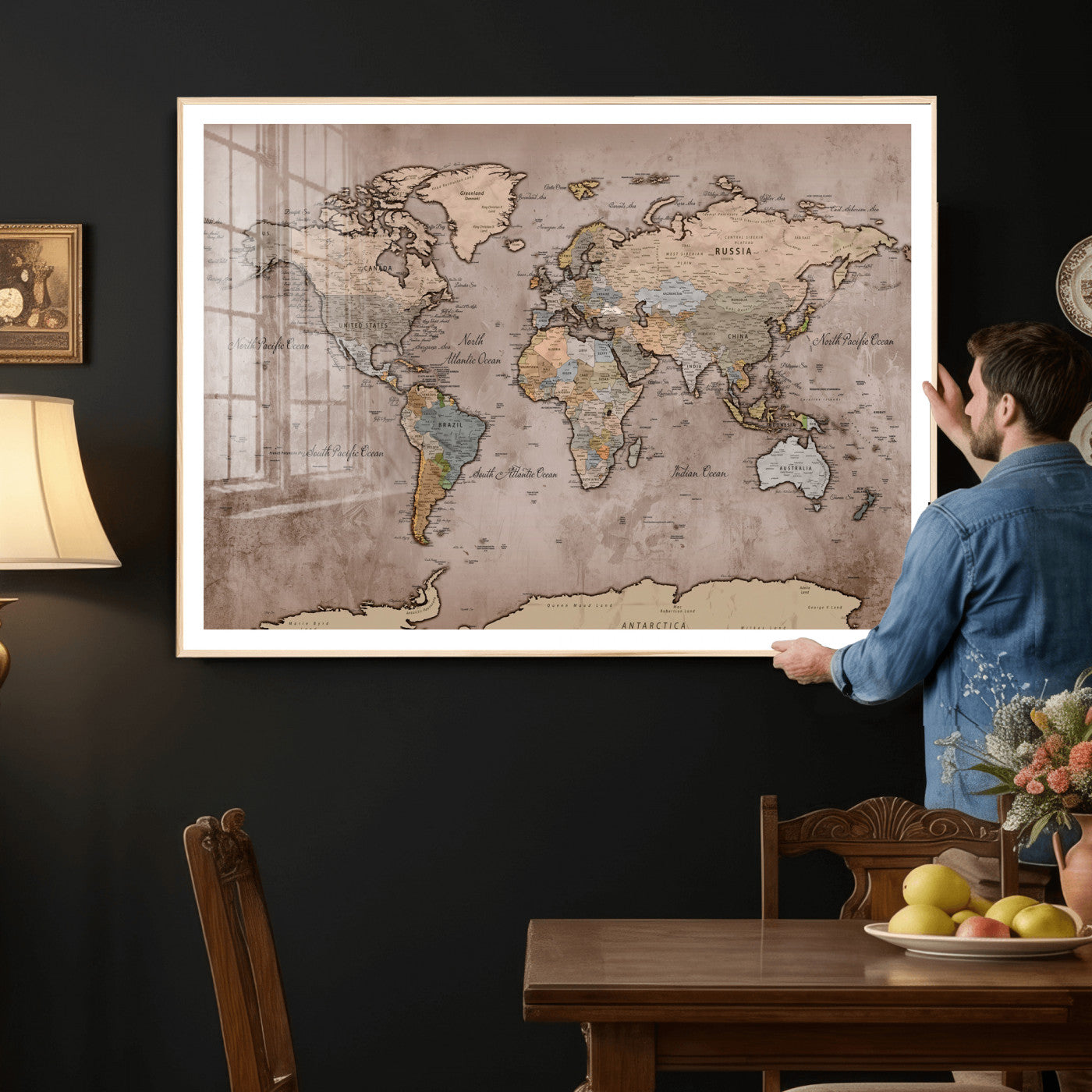 91471273-MGV-CV-36X24 - World Map Wall Art Canvas Print, Modern Decorative Framed Map Artwork Prints for Living Room, Office, Bedroom Wall Decor