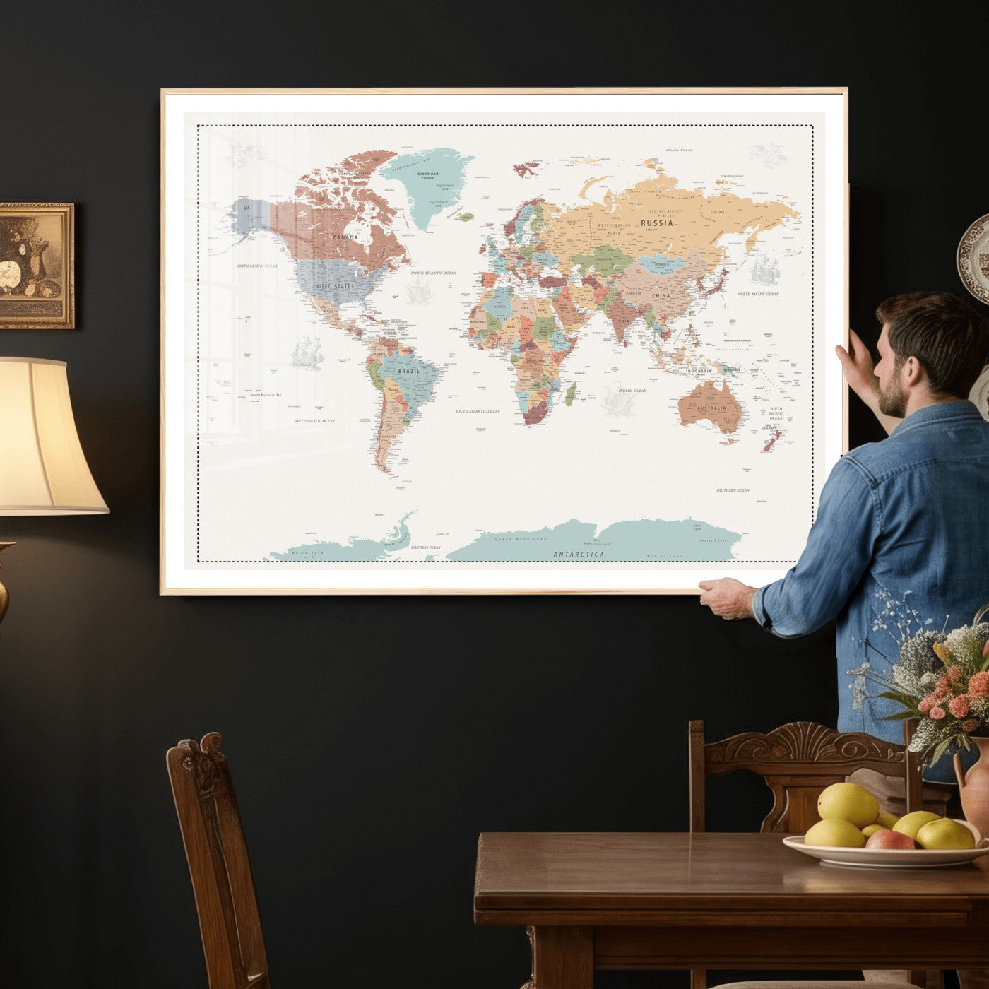 63447567-MGV-CV-36X24 - World Map Wall Art Canvas Print, Modern Decorative Framed Map Artwork Prints for Living Room, Office, Bedroom Wall Decor