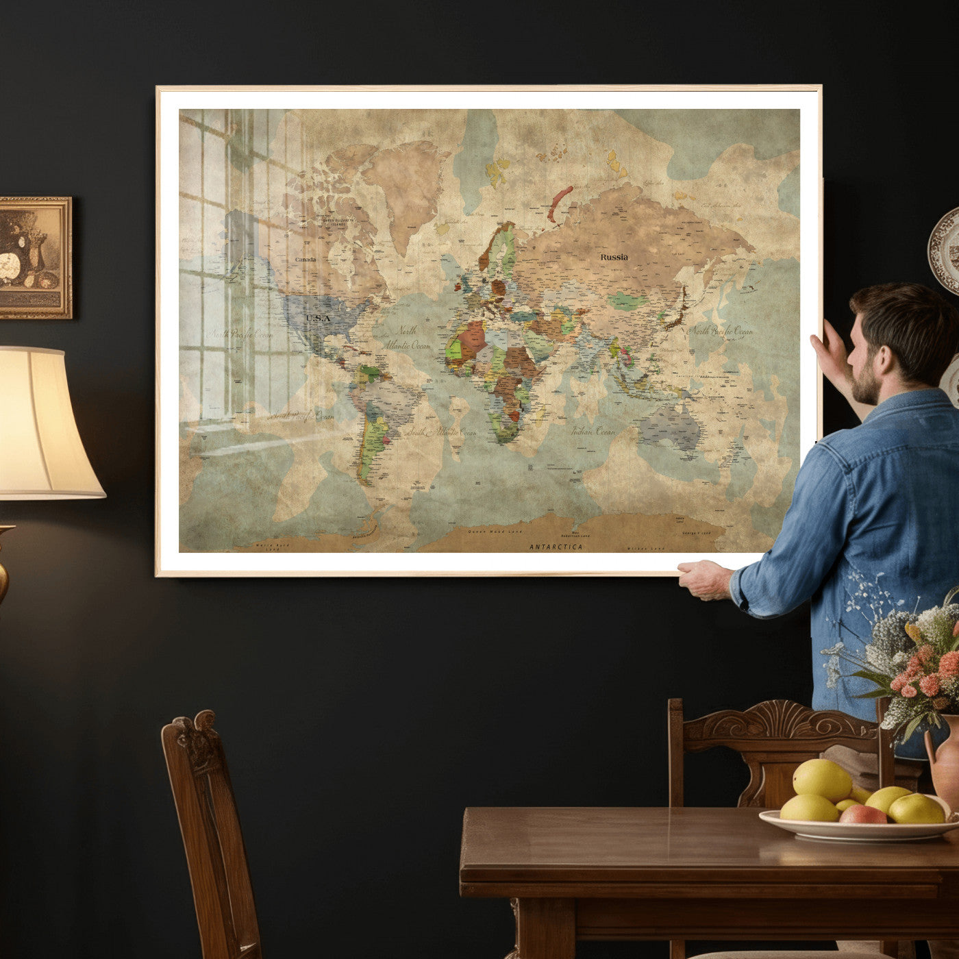31492148-MGV-CV-36X24 - World Map Wall Art Canvas Print, Modern Decorative Framed Map Artwork Prints for Living Room, Office, Bedroom Wall Decor