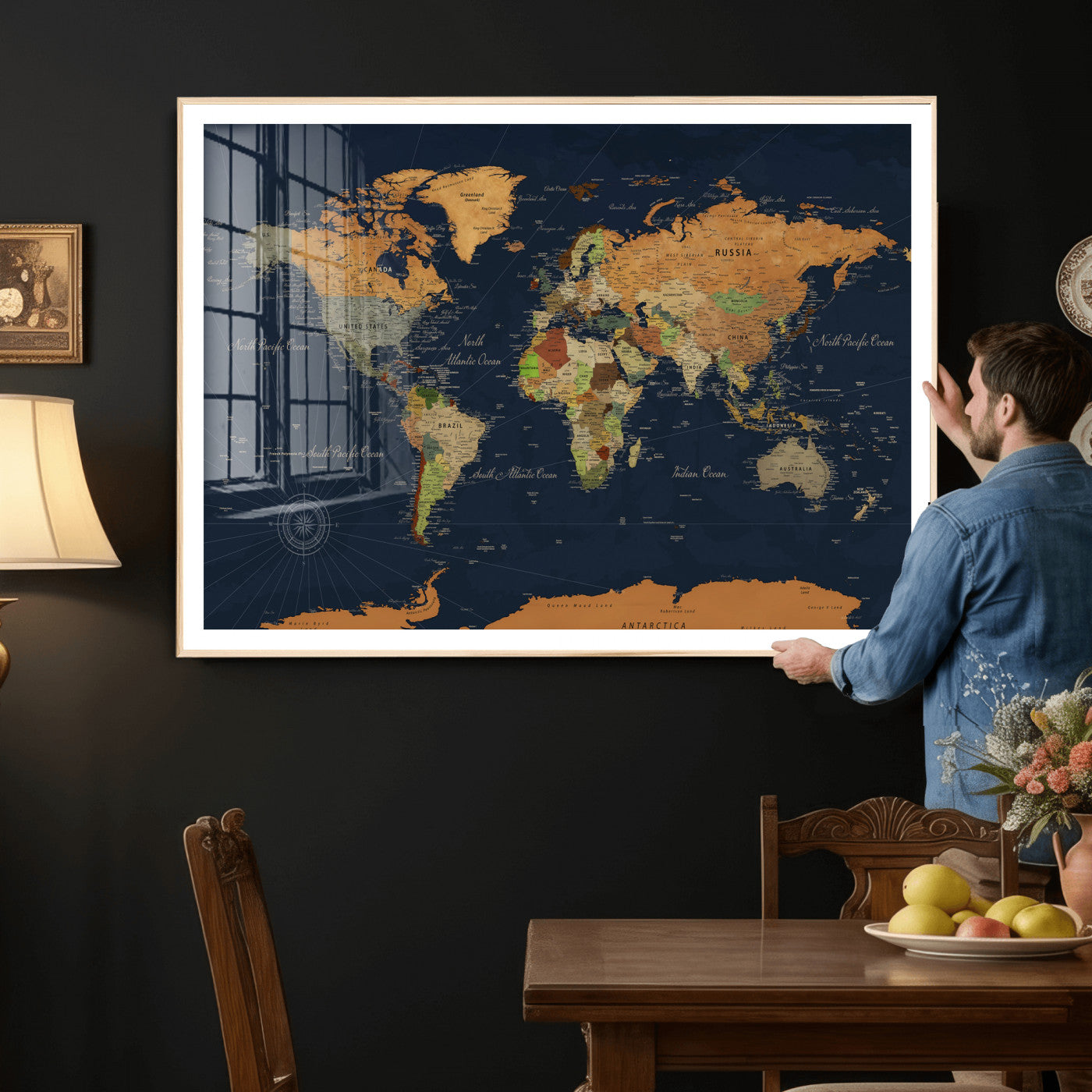 11715182-MGV-CV-36X24 - World Map Wall Art Canvas Print, Modern Decorative Framed Map Artwork Prints for Living Room, Office, Bedroom Wall Decor