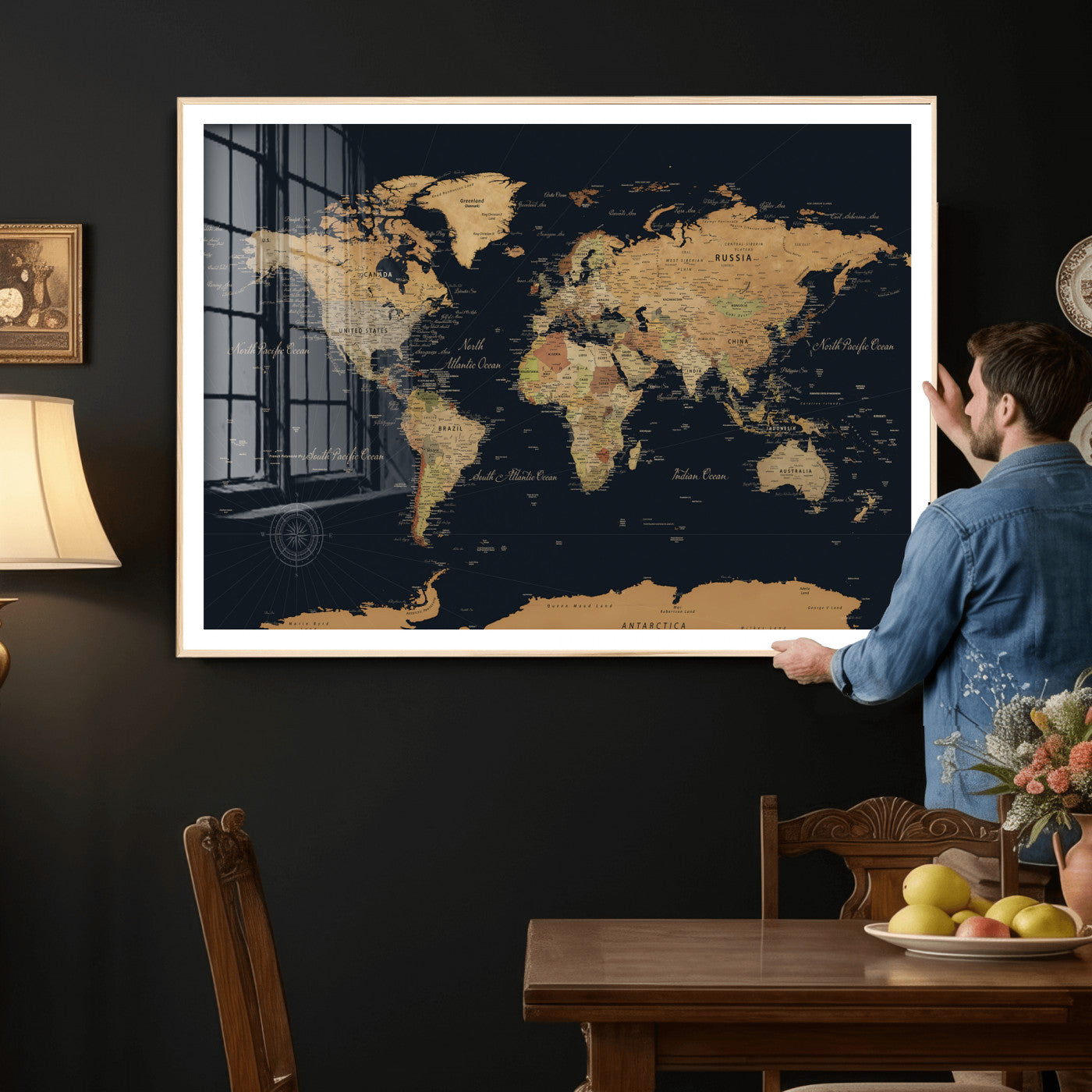 87280374-MGV-CV-36X24 - World Map Wall Art Canvas Print, Modern Decorative Framed Map Artwork Prints for Living Room, Office, Bedroom Wall Decor