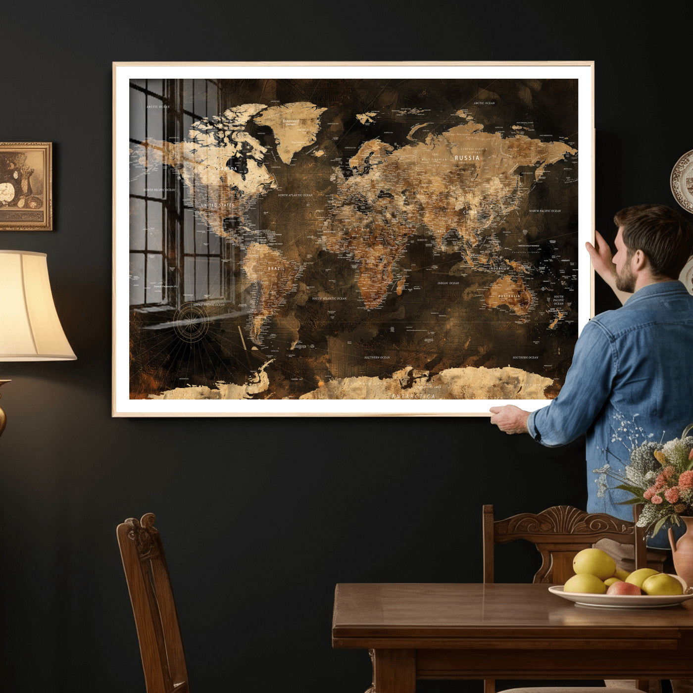 97742922-MGV-CV-36X24 - World Map Wall Art Canvas Print, Modern Decorative Framed Map Artwork Prints for Living Room, Office, Bedroom Wall Decor