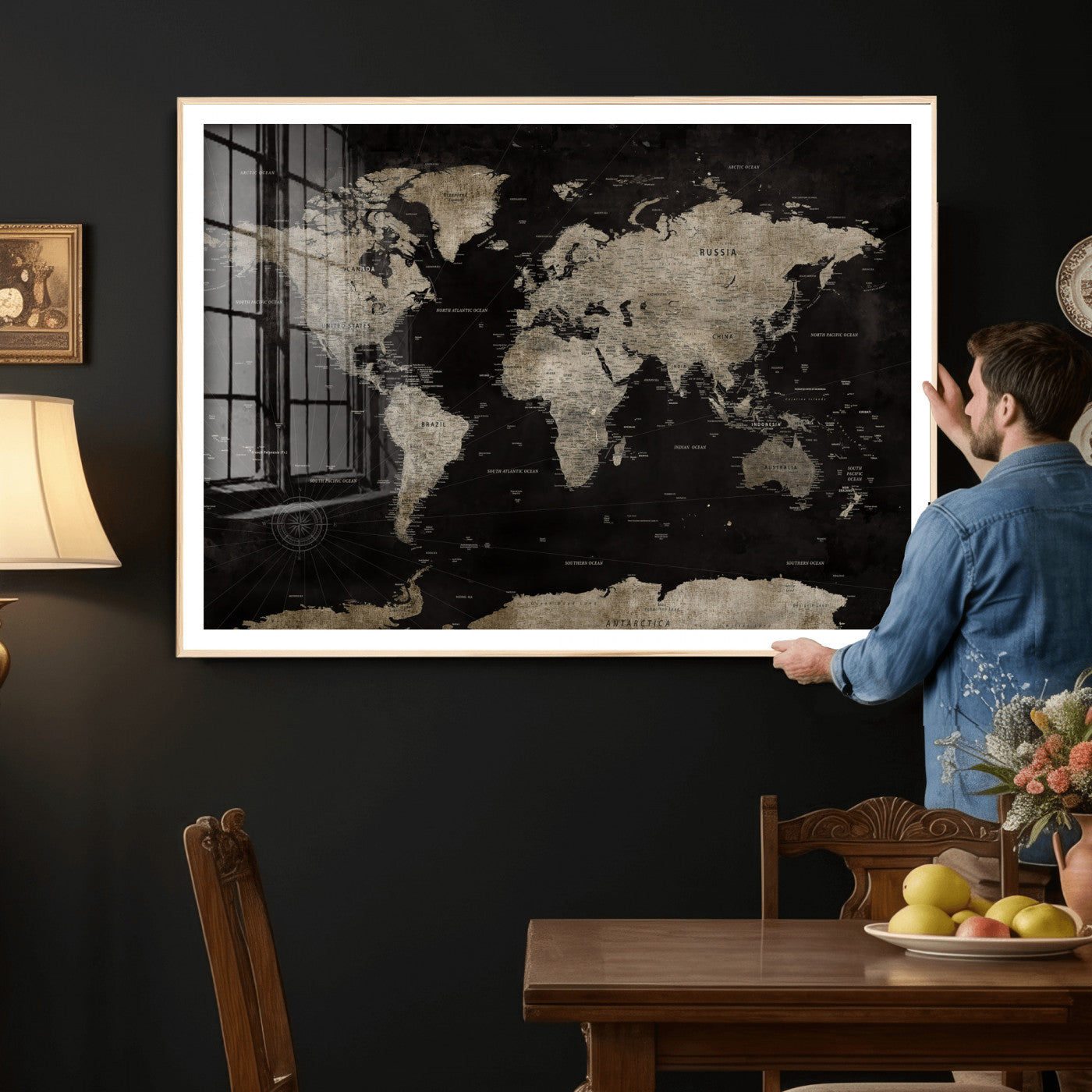 56225956-MGV-CV-36X24 - World Map Wall Art Canvas Print, Modern Decorative Framed Map Artwork Prints for Living Room, Office, Bedroom Wall Decor