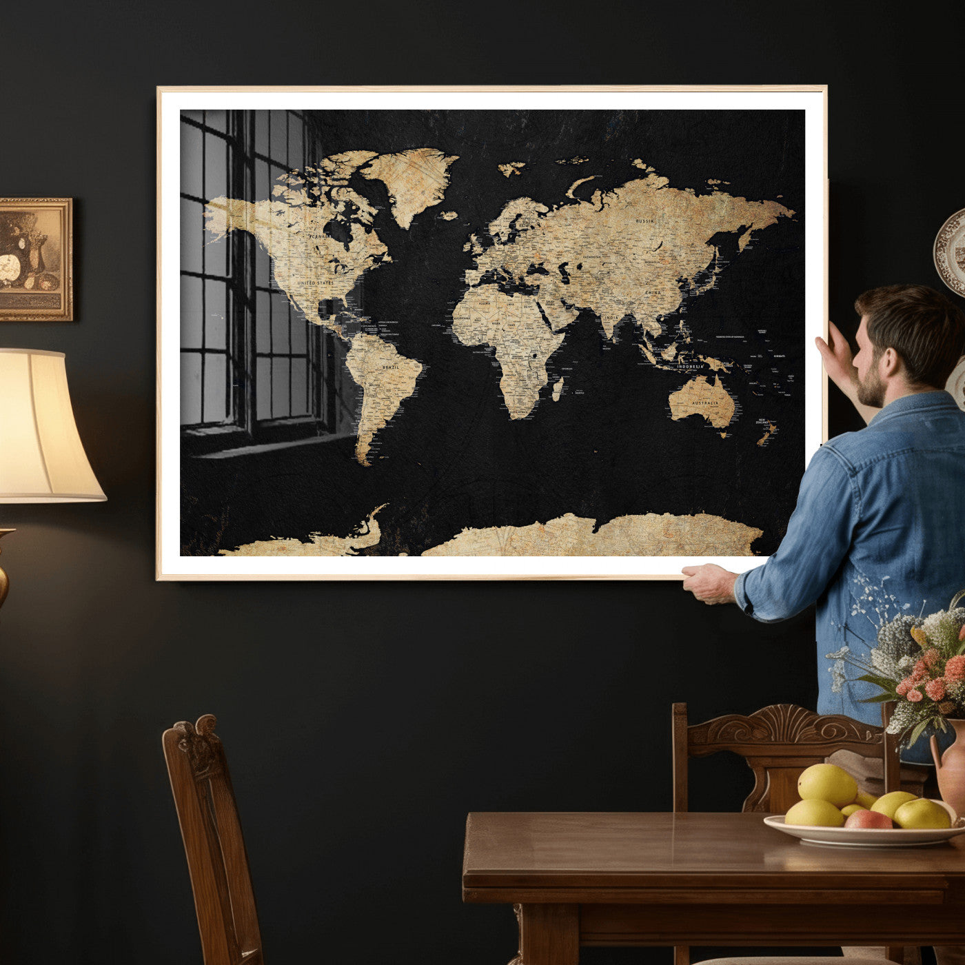 71518849-MGV-CV-36X24 - World Map Wall Art Canvas Print, Modern Decorative Framed Map Artwork Prints for Living Room, Office, Bedroom Wall Decor