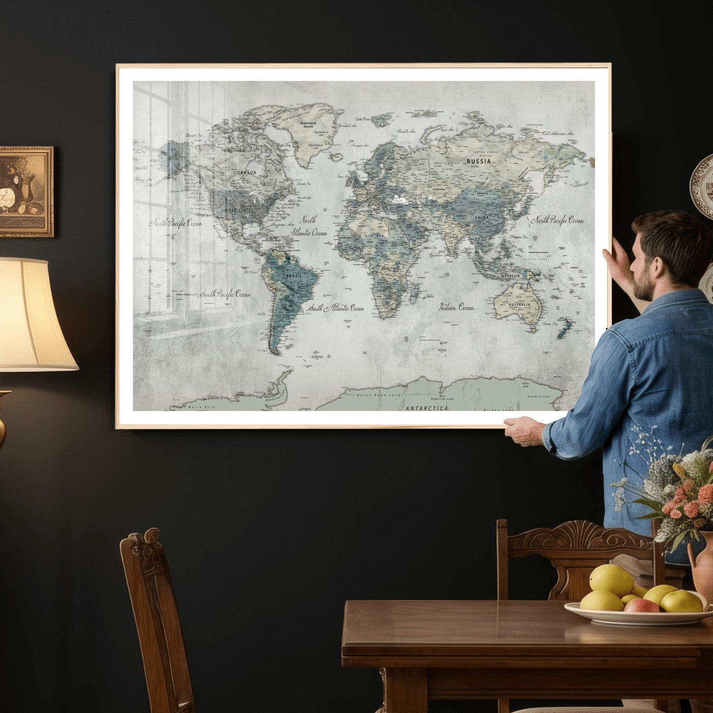 91132939-MGV-CV-36X24 - World Map Wall Art Canvas Print, Modern Decorative Framed Map Artwork Prints for Living Room, Office, Bedroom Wall Decor