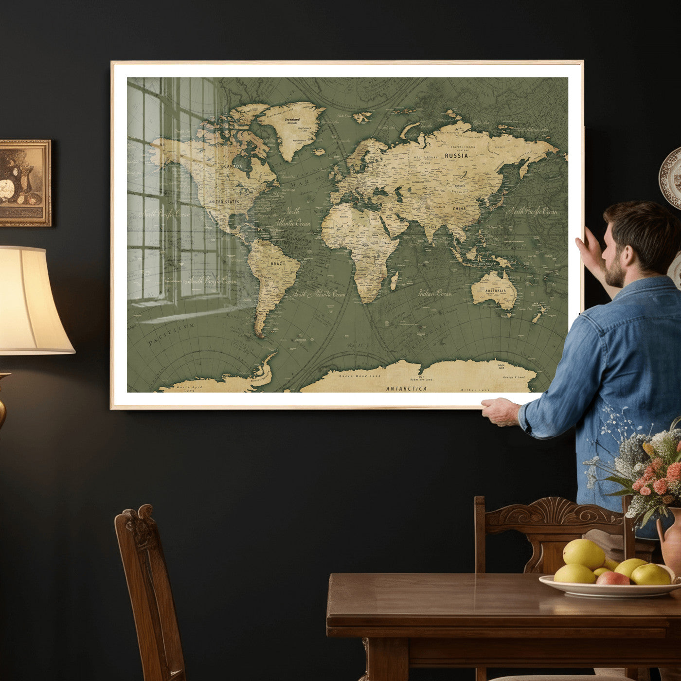 75846040-MGV-CV-36X24 - World Map Wall Art Canvas Print, Modern Decorative Framed Map Artwork Prints for Living Room, Office, Bedroom Wall Decor