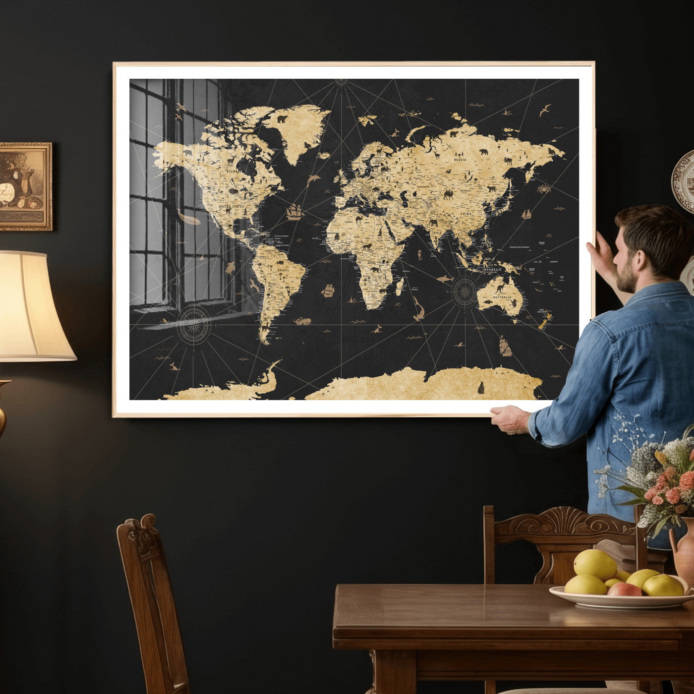 80270976-MGV-CV-36X24 - World Map Wall Art Canvas Print, Modern Decorative Framed Map Artwork Prints for Living Room, Office, Bedroom Wall Decor