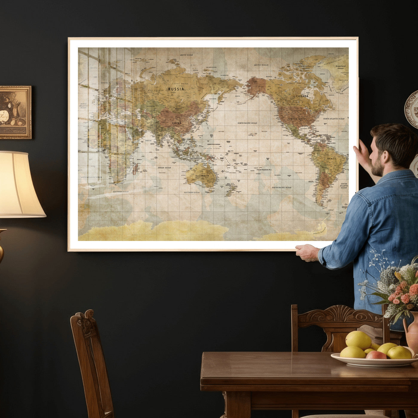 22305205-MGV-CV-36X24 - World Map Wall Art Canvas Print, Modern Decorative Framed Map Artwork Prints for Living Room, Office, Bedroom Wall Decor