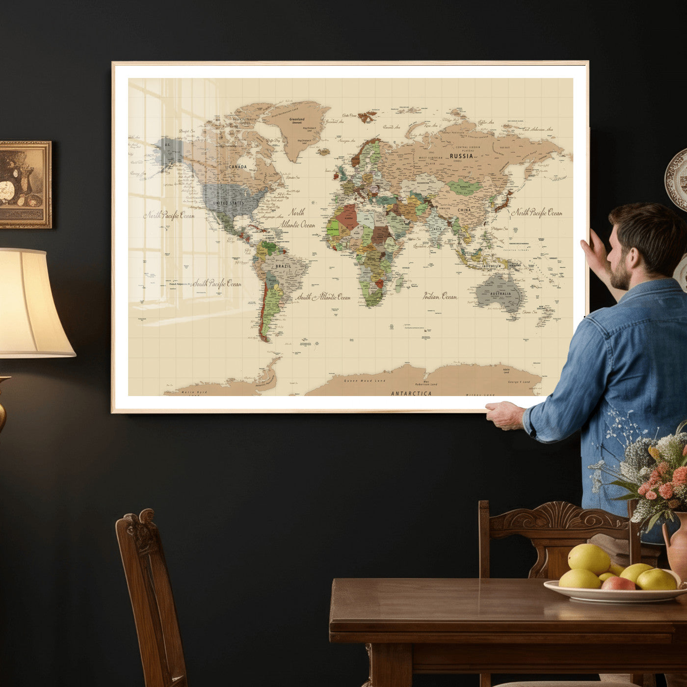 31407854-MGV-CV-36X24 - World Map Wall Art Canvas Print, Modern Decorative Framed Map Artwork Prints for Living Room, Office, Bedroom Wall Decor