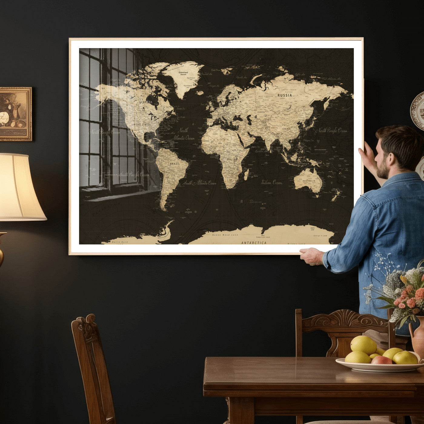 89024244-MGV-CV-36X24 - World Map Wall Art Canvas Print, Modern Decorative Framed Map Artwork Prints for Living Room, Office, Bedroom Wall Decor