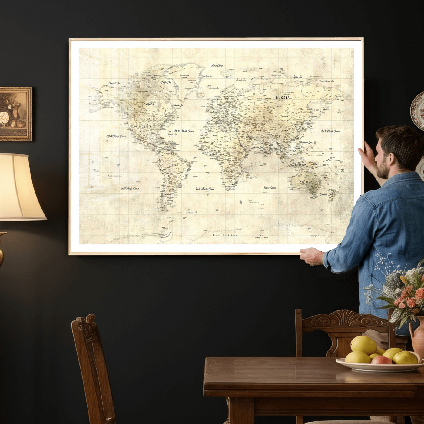 17101439-MGV-CV-36X24 - World Map Wall Art Canvas Print, Modern Decorative Framed Map Artwork Prints for Living Room, Office, Bedroom Wall Decor