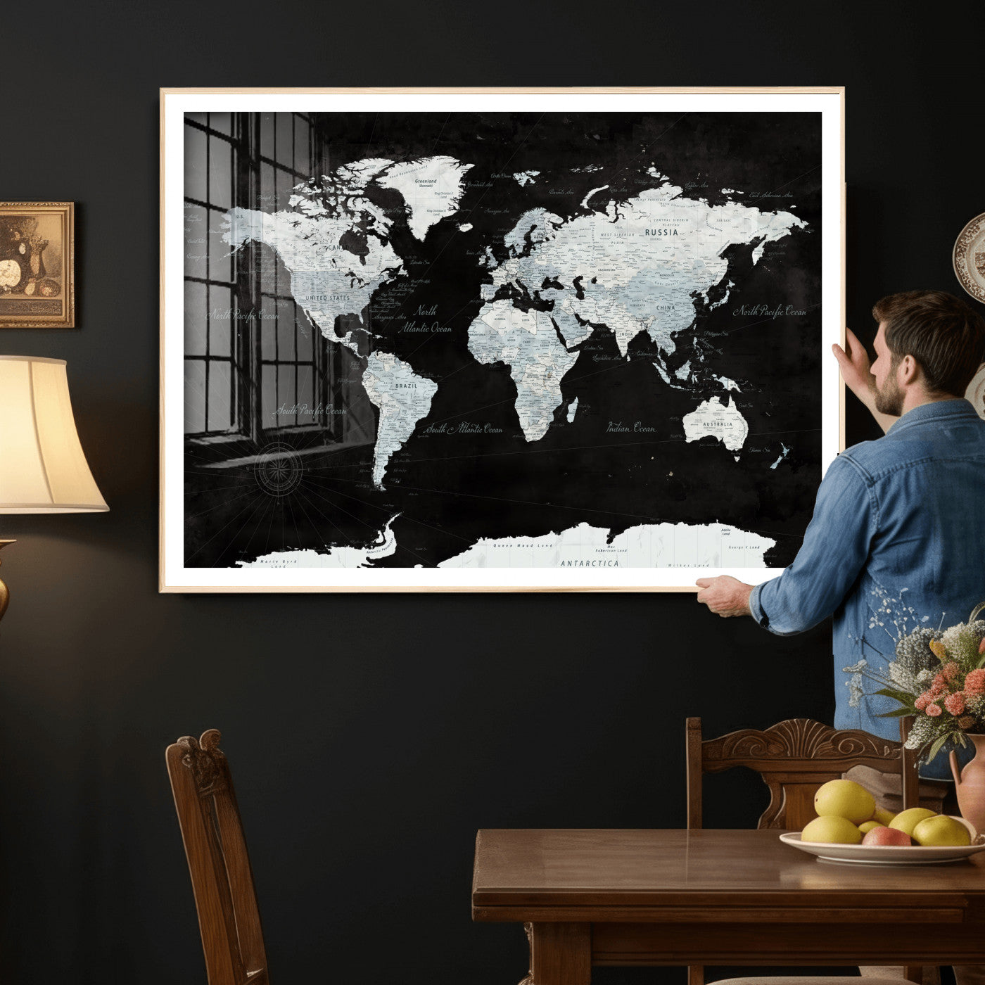28664806-MGV-CV-36X24 - World Map Wall Art Canvas Print, Modern Decorative Framed Map Artwork Prints for Living Room, Office, Bedroom Wall Decor