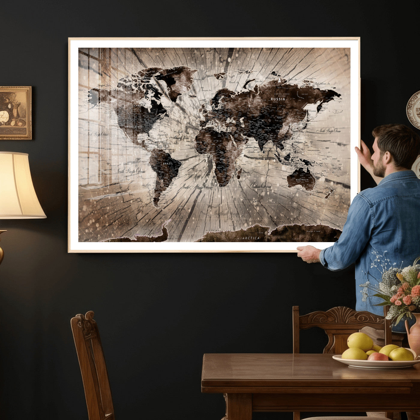 94623295-MGV-CV-36X24 - World Map Wall Art Canvas Print, Modern Decorative Framed Map Artwork Prints for Living Room, Office, Bedroom Wall Decor