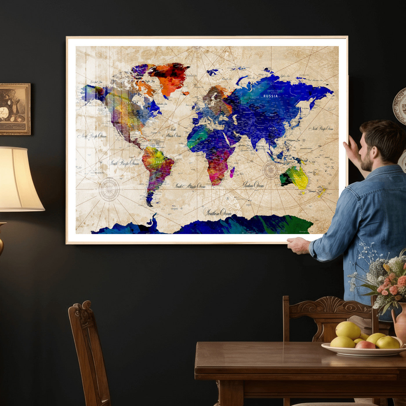 26284075-MGV-CV-36X24 - World Map Wall Art Canvas Print, Modern Decorative Framed Map Artwork Prints for Living Room, Office, Bedroom Wall Decor