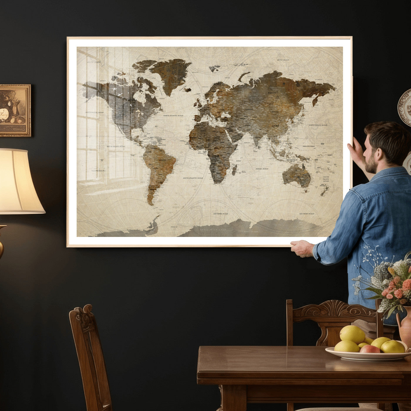 49623468-MGV-CV-36X24 - World Map Wall Art Canvas Print, Modern Decorative Framed Map Artwork Prints for Living Room, Office, Bedroom Wall Decor